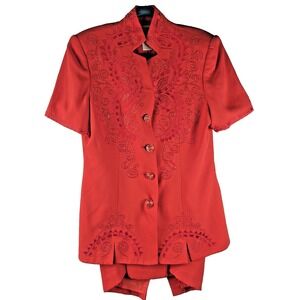 St. Anthony Evening Wear Orange Beaded Pant Suit Set Blazer Size 12P